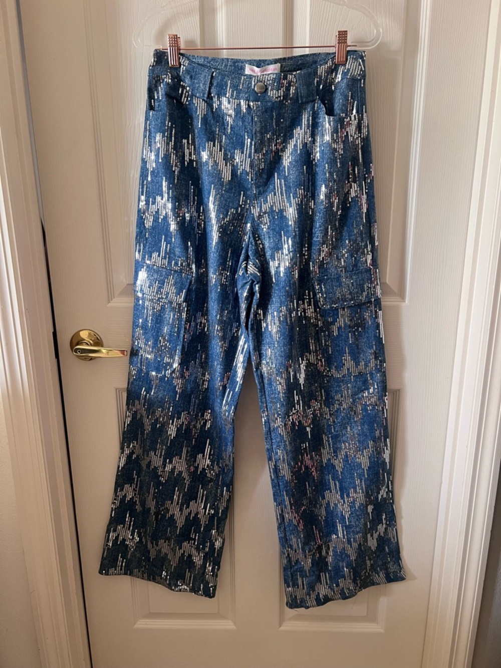 Hot & Delicious Silver Sequin Denim Wide Leg High Waist Jeans Med NWT